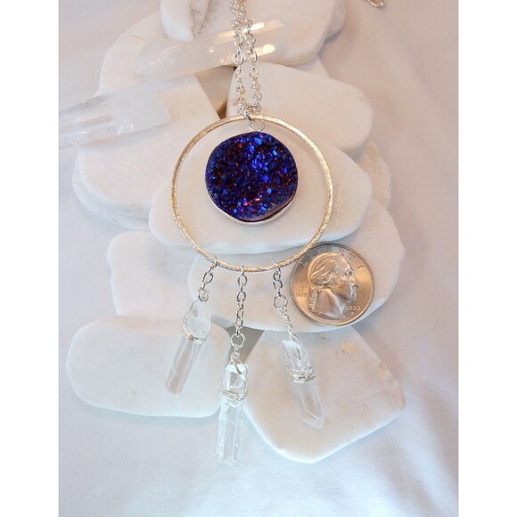 Natural Rock Crystal Quartz Three Point Titanium Blue Quartz Silver Necklace - Picture 4 of 6